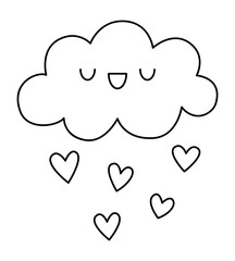 Vector black and white kawaii cloud icon raining with hearts. Line nature object isolated clipart. Cute line illustration. Funny Saint Valentine day coloring page for kids with love concept.