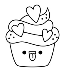Vector black and white kawaii cupcake icon with heart shaped confetti. Line cake clipart. Cute dessert illustration. Funny Saint Valentine day coloring page for kids with love concept.