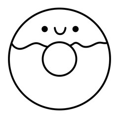 Vector black and white kawaii donut icon with icing. Line dessert clipart. Cute outline dessert illustration. Funny coloring page for kids with sweet food concept.