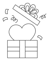 Vector black and white heart getting out of the present box. Line gift isolated clipart. Cute illustration. Funny Saint Valentine day coloring page for kids with love or surprise concept.