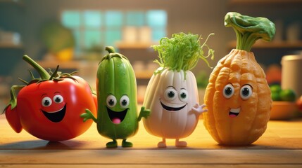Vegetable 3d cartoon character. Healthy vegetable with eyes and smile. Funny mascot on kitchen background. - obrazy, fototapety, plakaty