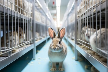 A white rabbit in the foreground with caged fellow rabbits in the rear