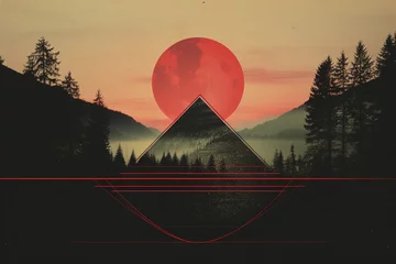 Tafelkleed Landscape and nature concept. Surreal landscape collage illustration with red sun, forest, trees, mountains and water. Abstract and surreal style. Grunge, halftone and glitch pattern combination © Rytis