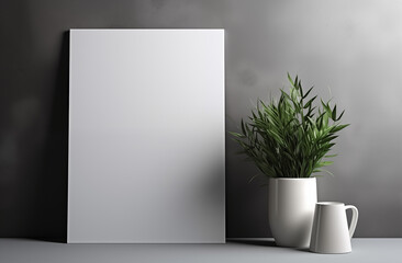 empty space with a white canvas and a bowl of flowers,Mockup poster frame and accessories decor in gray interior background