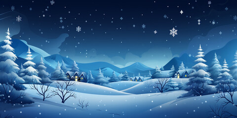 Panorama of winter evening forest. Congratulatory, New Year or Christmas background.