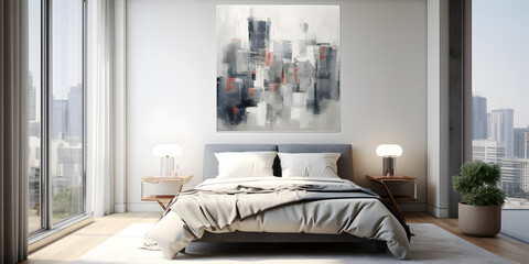 Modern grey interior design with a white big cozy bed and oil painting on a wall