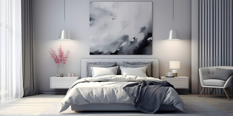 Modern grey interior design with a white big cozy bed and oil painting on a wall