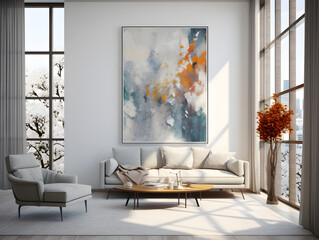 Modern grey interior design with a white sofa and oil painting on a wall