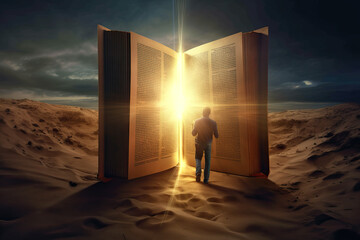 Man Walking Towards Illuminated Bible in Desert: Bible Study Concept - obrazy, fototapety, plakaty