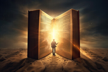 Bible Study Illustrated with Man Entering an Illuminated Bible in Desert - obrazy, fototapety, plakaty