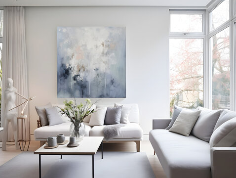 Modern grey interior design with a white sofa and oil painting on a wall