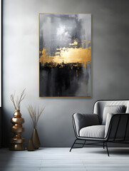 Modern grey interior design with a luxury oil painting on a wall