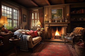 The interior of the living room of the cottage in a traditional English style. AI generated. - obrazy, fototapety, plakaty