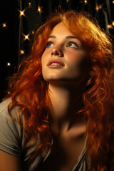 Young redhead woman throwing stars in starry night.