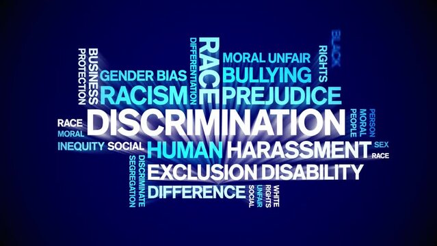 Discrimination animated word cloud;text design animation tag kinetic typography seamless loop.