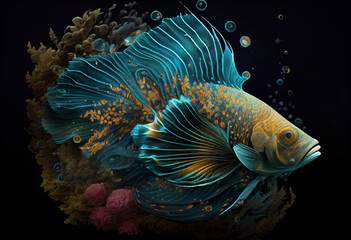 An adorable cartoon fish with a long colored tail and fins.