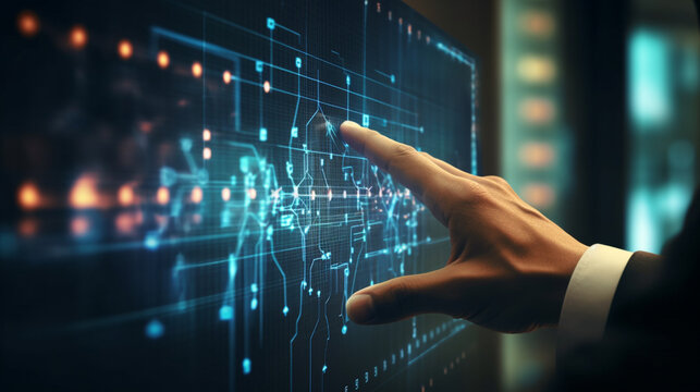 Digital technology, network connection, big data, digital marketing. close-up handshot Businessman touching screen futuristic analyzing data. technology background.