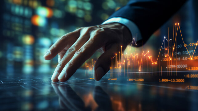Digital technology, network connection, big data, digital marketing. close-up handshot Businessman touching screen futuristic analyzing data. technology background.
