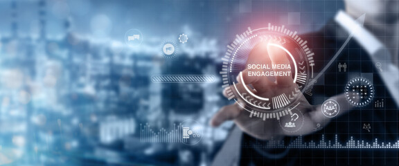 Social media engagement, Digital marketing concept. Pointing on screen for creating social media...
