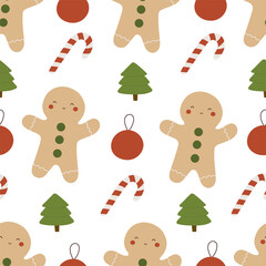 holiday seamless pattern with cartoon gingerbread man, decor elements. Merry Christmas. Colorful vector, flat style. hand drawing. design for fabric, print, wrapper