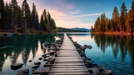Fotobehang wooden bridge over the lake, Old wooden pier at sunset. Long exposure, linear perspective © Planetz
