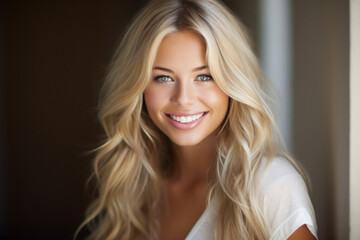 The portrait of a beautiful female model with curly blonde hair and blue eyes in white top smiles to a camera shot indoors. Generative AI. - obrazy, fototapety, plakaty