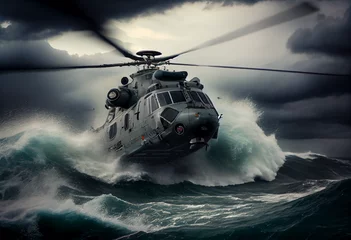 Fotobehang A military helicopter tries to land on the deck of a warship during a storm. Critical situation, near disaster. AI generated. © serperm73