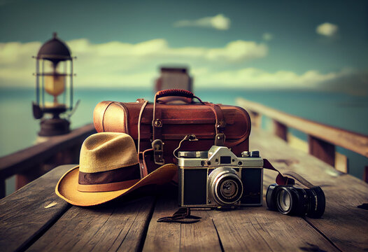 Vintage illustration, suitcase, hat and photo camera on a wooden pier waiting for a cruise. Vacation and travel concept. AI generated.