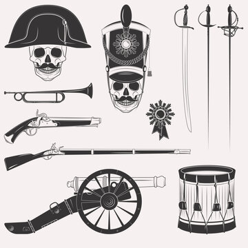 Set of vintage Napoleon Empire French Russian war uniform, equipment, weapons, horn, drum, cannon, sword, rapier, medal, skull in hats isolated on white background