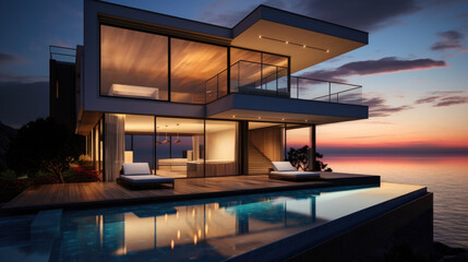 Obraz premium Modern house cottage, minimalistic design exterior. sea two-story