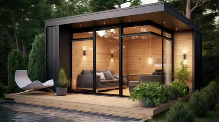Fototapeta na wymiar Modern house Backyard cottage, minimalistic design exterior. Bushes