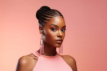Keuken spatwand met foto The portrait of an attractive young black female model in pink outfit  with braids hairstyle and full makeup isolated on a pink background, shot in a studio. Generative AI. © Surachetsh