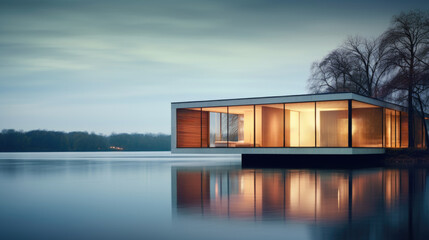 Modern house cottage, minimalistic design exterior. lake, evening river