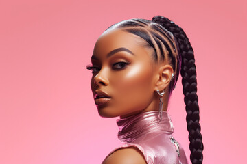 The portrait of an attractive young black female model in pink outfit  with braids hairstyle and full makeup isolated on a pink background, shot in a studio. Generative AI. - obrazy, fototapety, plakaty