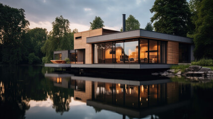 Fototapeta na wymiar Modern house cottage, minimalistic design exterior. lake, pond
