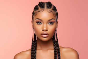 The portrait of an attractive young black female model in pink outfit  with braids hairstyle and full makeup isolated on a pink background, shot in a studio. Generative AI.