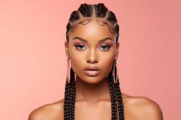 Fotobehang The portrait of an attractive young black female model in pink outfit  with braids hairstyle and full makeup isolated on a pink background, shot in a studio. Generative AI. © Surachetsh