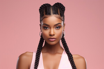 The portrait of an attractive young black female model in pink outfit  with braids hairstyle and full makeup isolated on a pink background, shot in a studio. Generative AI. - obrazy, fototapety, plakaty