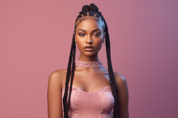 The portrait of an attractive young black female model in pink outfit  with braids hairstyle and full makeup isolated on a pink background, shot in a studio. Generative AI.