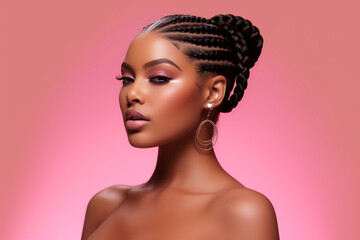 The portrait of an attractive young black female model in pink outfit  with braids hairstyle and full makeup isolated on a pink background, shot in a studio. Generative AI. - Powered by Adobe