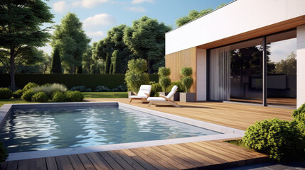 Fototapeta premium Modern house cottage, minimalistic design exterior. pool lateral