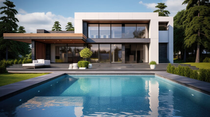 Obraz na płótnie Canvas Modern domestic house cottage, minimalistic design exterior. pool