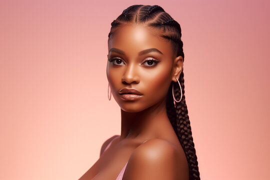 The portrait of an attractive young black female model in pink outfit  with braids hairstyle and full makeup isolated on a pink background, shot in a studio. Generative AI.
