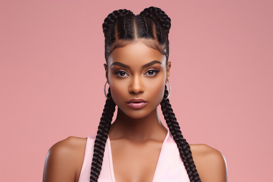 The portrait of an attractive young black female model in pink outfit  with braids hairstyle and full makeup isolated on a pink background, shot in a studio. Generative AI.