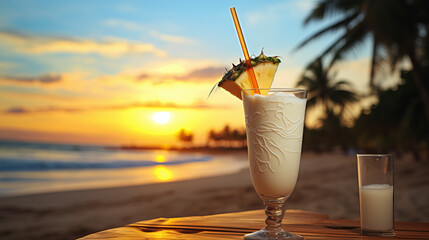 Pina colada cocktail on the beach at sunset created with Generative AI technology - obrazy, fototapety, plakaty