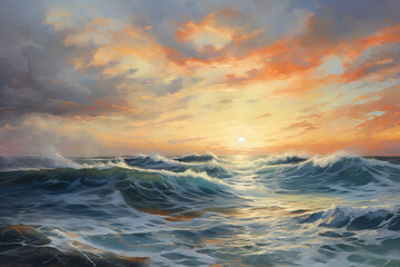 Luminoscent waves in the ocean glittering on the bright sky with the sun shining.