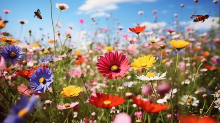 Nature's Summer Symphony: Wildflower Meadow in Full Bloom with Butterflies and Bees