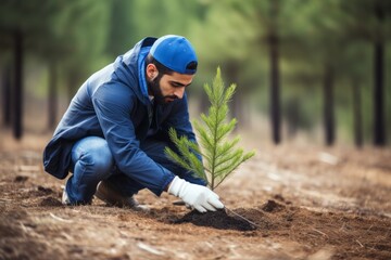 Naklejka na ściany i meble Middle-Eastern man in bright blue, planting a pine sapling, cloudy day. The man in a bright jacket kneels to plant a green sapling.