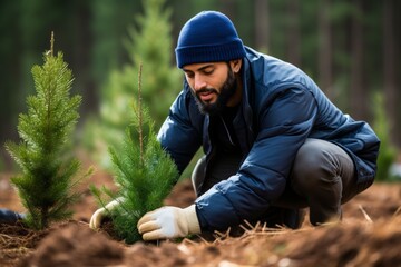 Naklejka na ściany i meble Middle-Eastern man in bright blue, planting a pine sapling, cloudy day. The man in a bright jacket kneels to plant a green sapling.