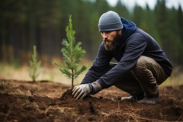 Man in blue jeans planting a small, green, needle tree outdoors. The man plants a tree in the forest to help nature. - Powered by Adobe